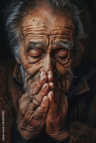 A senior man with hands covering his face, showing distress. Suitable for mental health concepts