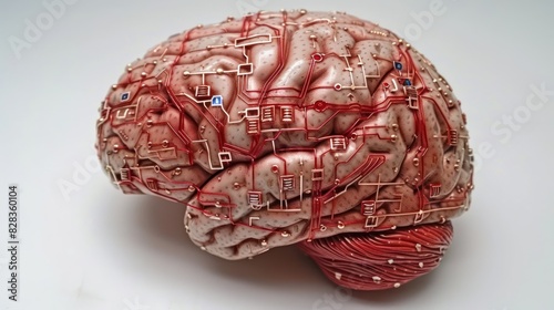 A conceptual photo of a brain integrated with technological elements, such as circuits and binary code, symbolizing the interface between neuroscience and artificial intelligence 