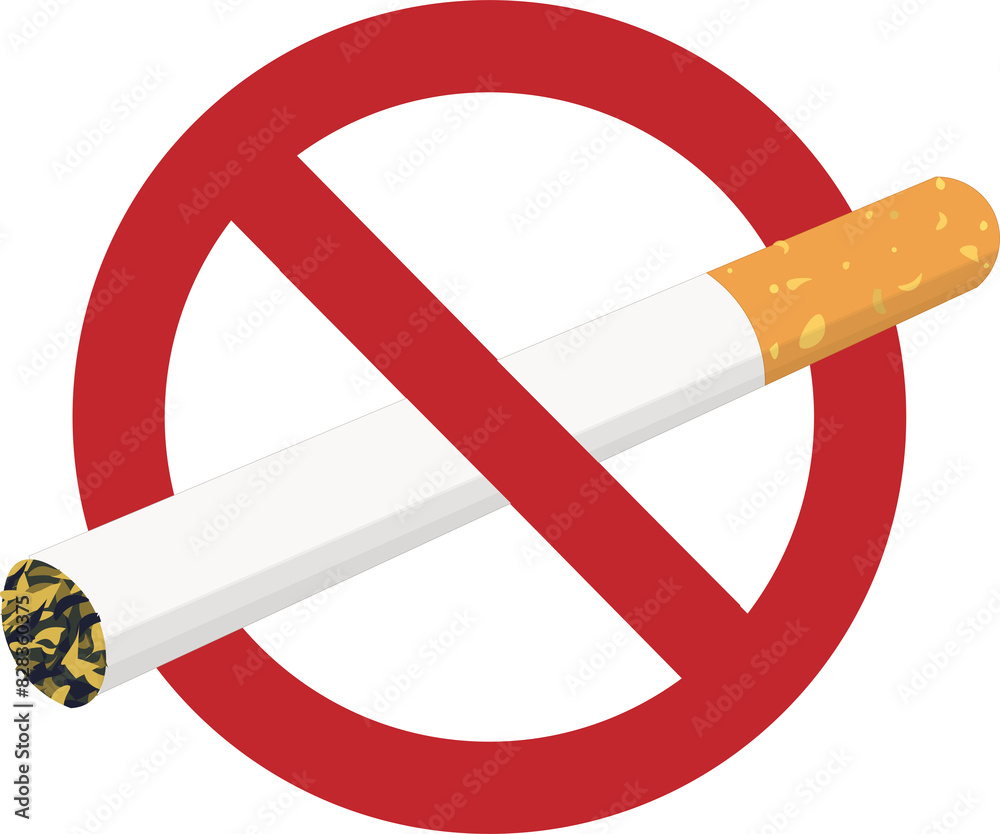 Isolated prohibition label do not smoking with illustration tobacco cigarette red round crossed sign 