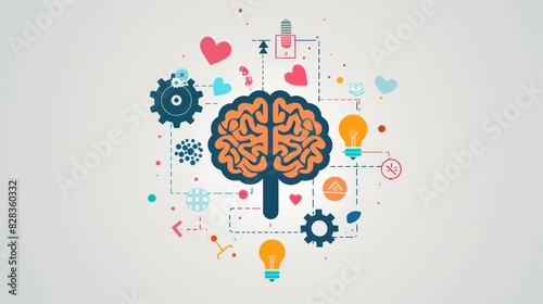 A creative illustration of a brain with various symbols (e.g., hearts, gears, light bulbs) around it, representing different aspects of mental health and cognitive function with minimalist background