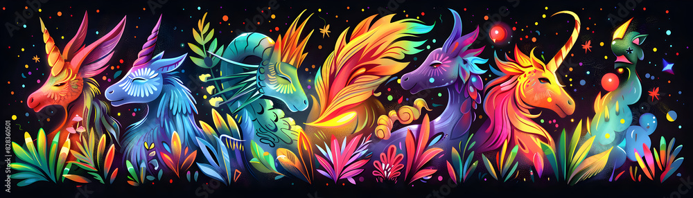A digital illustration of mythical creatures celebrating LGBTQ pride, with rainbow-colored elements integrated into their designs