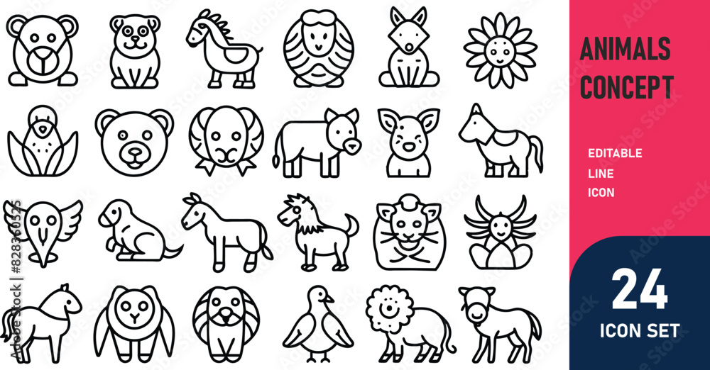 Fototapeta premium Animals related concept such as Dog, cat, horse, pig, sheep, goat, chicken, bird, fish & many more editable stroke outline icons isolated on white background flat vector illustration
