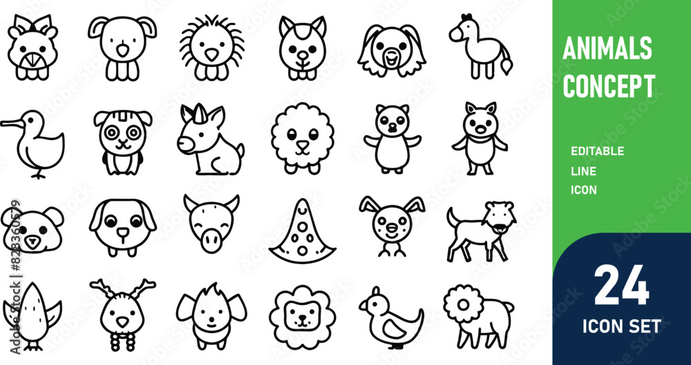 Animals related concept such as Dog, cat, horse, pig, sheep, goat, chicken, bird, fish & many more editable stroke outline icons isolated on white background flat vector illustration Animals related concept such as Dog, cat, horse, pig, sheep, goat, chicken, bird, fish & many more editable stroke outline icons isolated on white background flat vector illustration