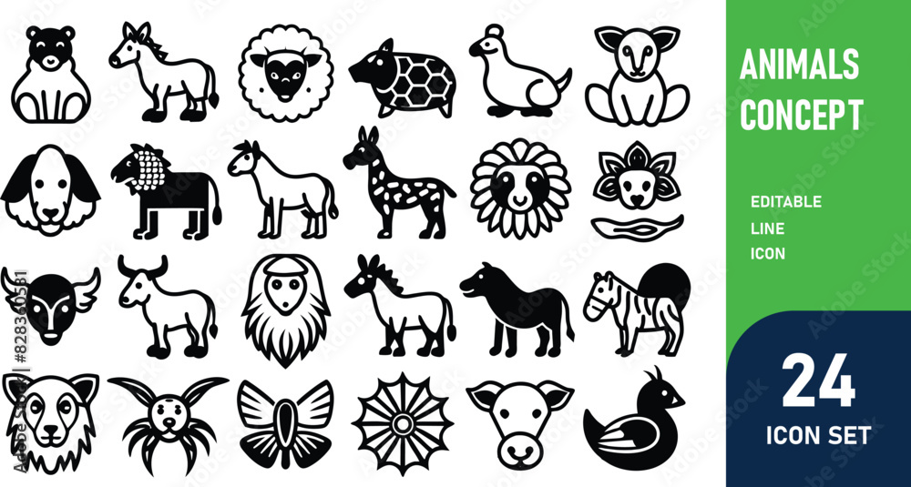 Animals related concept such as Dog, cat, horse,  pig, sheep, goat, chicken, bird, fish & many more editable stroke outline icons isolated on white background flat vector illustration
