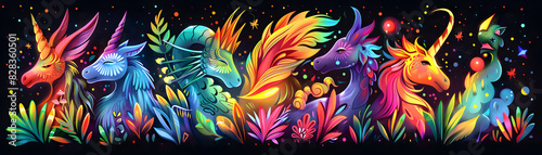 A digital illustration of mythical creatures celebrating LGBTQ pride  with rainbow-colored elements integrated into their designs