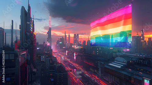 Within a cyberpunk metropolis, a colossal holographic LGBTQ pride flag dominates the skyline, merging neon colors and digital rendering to symbolize progressiveness photo