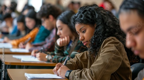 Exam at school with student's taking educational admission test in class, thinking hard, writing answer in university classroom, education and world literacy day concept 