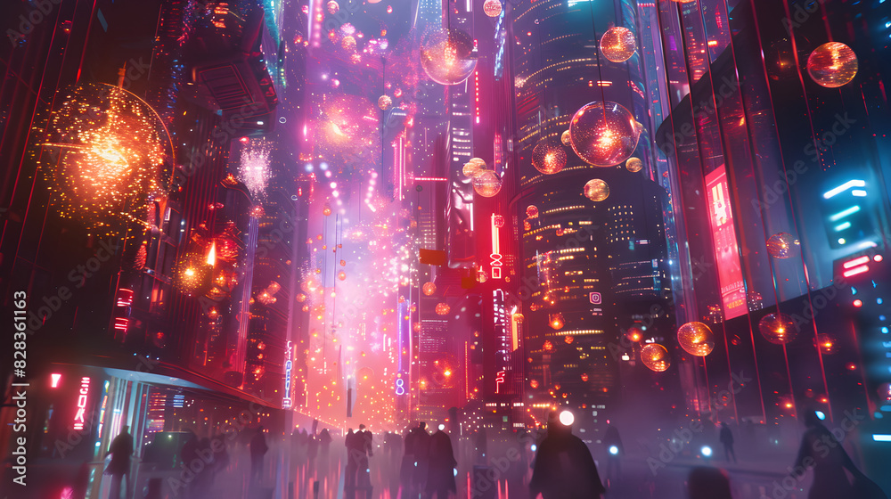 Bright colors illuminate the futuristic scene of an LGBTQ parade, with holographic fireworks and digital light shows creating a mesmerizing display in a digital illustration Bright colors illuminate the futuristic scene of an LGBTQ parade, with holographic fireworks and digital light shows creating a mesmerizing display in a digital illustration