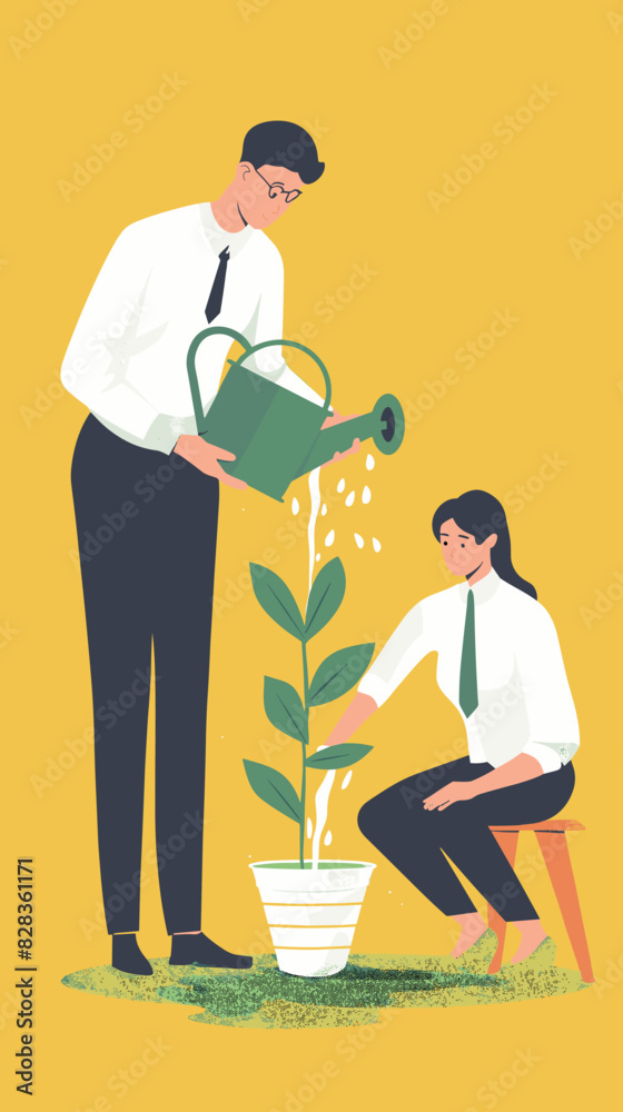 Mentor pouring water from watering can on office worker in pot, symbolizing professional training and mentorship. Coaching for beginner entrepreneur in corporate setting.