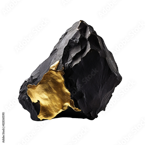 Rough solid black mineral rock with sharp sliced faces and gold interior on an isolated background