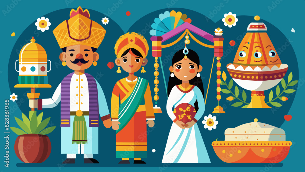 A playful set of Indian wedding ceremony featuring a mandap, a dhol player, and a baraat procession. Indian Style Vector A playful set of Indian wedding ceremony featuring a mandap, a dhol player, and a baraat procession. Indian Style Vector