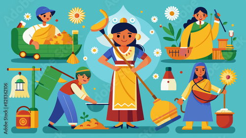 A playful set of icons depicting household chores with an Indian twist, like sweeping with a jhaadu.. Indian Style Vector
