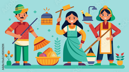 A playful set of icons depicting household chores with an Indian twist, like sweeping with a jhaadu.. Indian Style Vector
