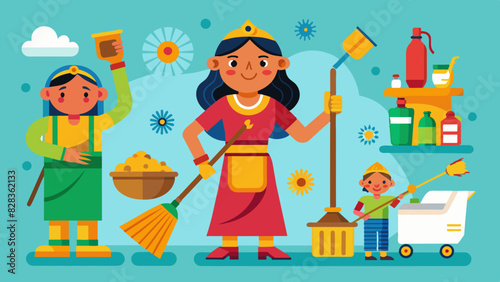 A playful set of icons depicting household chores with an Indian twist, like sweeping with a jhaadu.. Indian Style Vector
