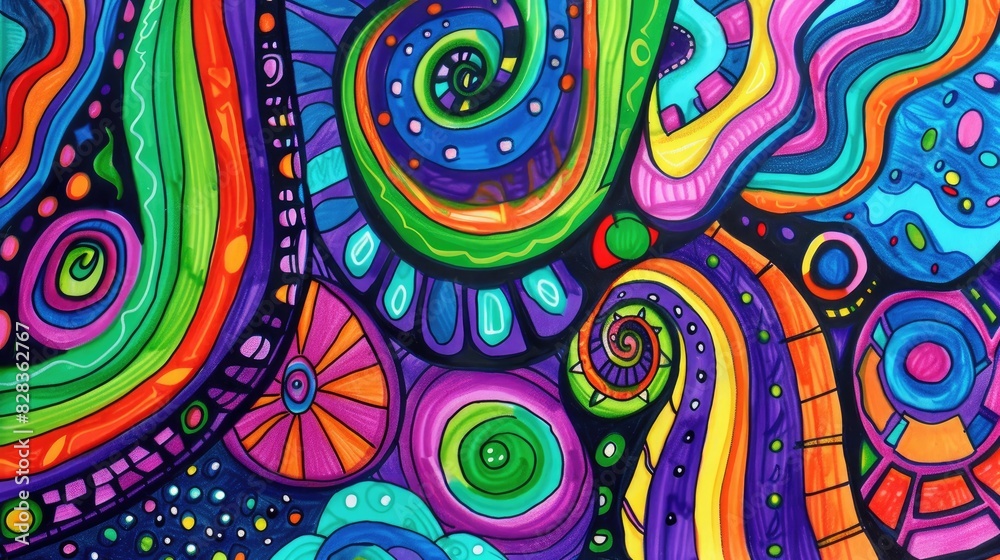 Colorful Doodle Madness: Vibrant Crayon Rave Wallpaper Illustration with Trippy and Funny Artistic Touch.