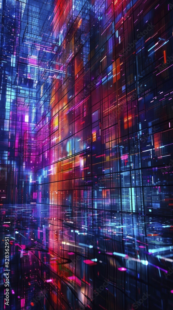 Obraz premium Neon futuristic grid wall, abstract patterns, vibrant colors, high contrast, modern aesthetic create a visually stunning display.