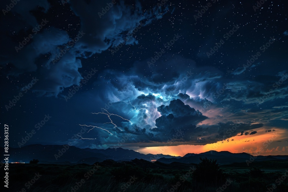 Lightning in the sky over a mountain range with a dark sky Lightning in the sky over a mountain range with a dark sky