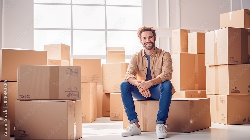 A man is alone in a new empty apartment with cardboard boxes, moving. A man is alone in a new empty apartment with cardboard boxes, moving.