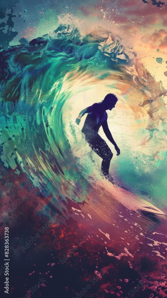 Surfer riding a wave in a colorful ocean with a colorful sky Surfer riding a wave in a colorful ocean with a colorful sky