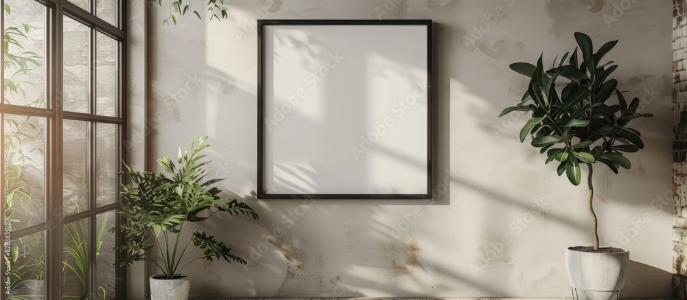 vertical black empty frame mockup on beige wall with plants and shadows in the room. Design template for artwork, poster or print. vertical black empty frame mockup on beige wall with plants and shadows in the room. Design template for artwork, poster or print.