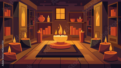 A room filled with flickering candles their warm glow casting a tranquil ambiance over the silent retreat.. Vector illustration