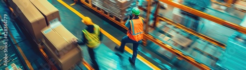 Workers moving packages in logistics center plant beside selective focus theme logistics vibrant Manipulation storage area