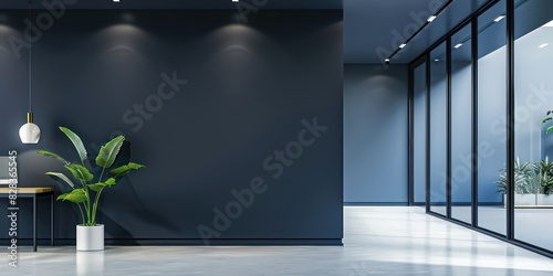 a mock up styled image of a a flat office wall, colored navy blue