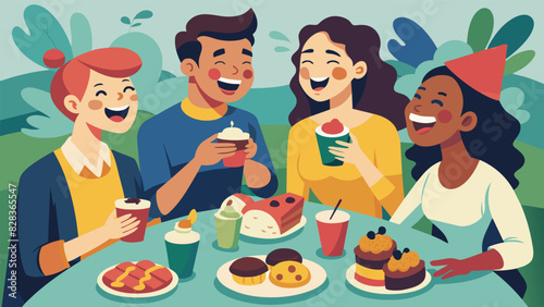 Laughter and chatter filling the air as friends pass around snack plates filled with tasty bites at their picnic.. Vector illustration