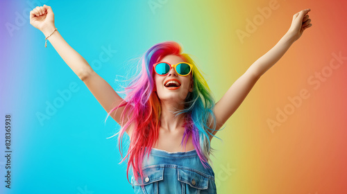 Vibrant woman with rainbow hair and sunglasses celebrating on a colorful gradient background, embodying joy and freedom. Generative AI