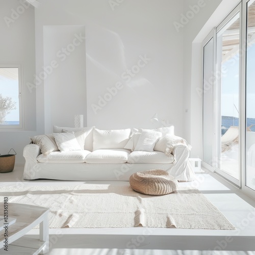 Minimalist living room in white color with a cozy white sofa, full-length windows capturing a sunny outdoor scene