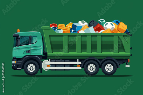 Vector illustration of a green garbage truck filled with various types of waste, showcasing environmental and recycling concepts. photo