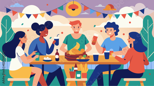 In the midst of a lively music festival friends take a break to sit together at long communal tables adorned with a feast of local delicacies.. Vector illustration