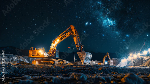 A large yellow excavator is digging up a pile of rocks under a starry night sky.

 photo