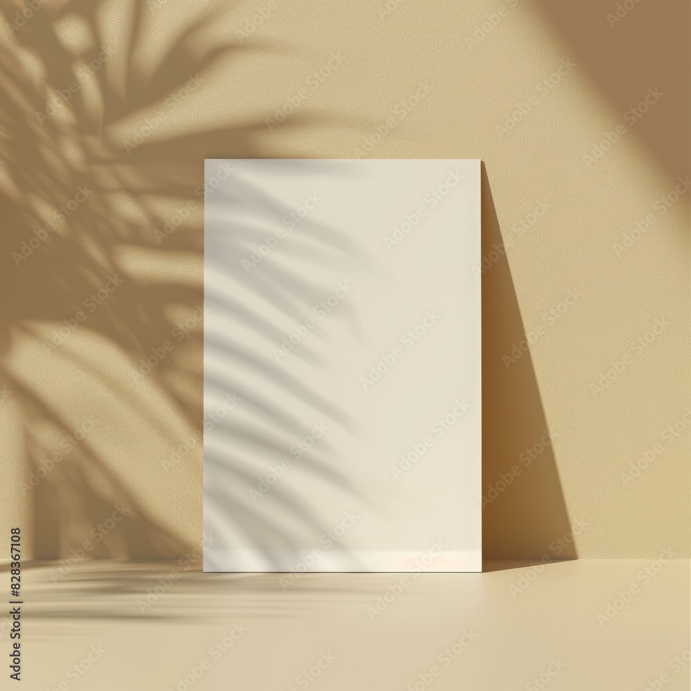 White poster mockup on beige background with sunlight and shadows. A4 format blank sheet of paper in the center. Minimalist interior design White poster mockup on beige background with sunlight and shadows. A4 format blank sheet of paper in the center. Minimalist interior design