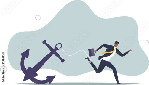 tried stress businessman trying hard to run forward with heavy anchor.flat vector illustration.