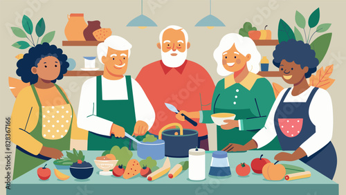 In a rustic farmhouse kitchen seniors chop mix and blend fresh ingredients as they learn how to create hearty and healthy dishes in their gourmet cooking club.. Vector illustration