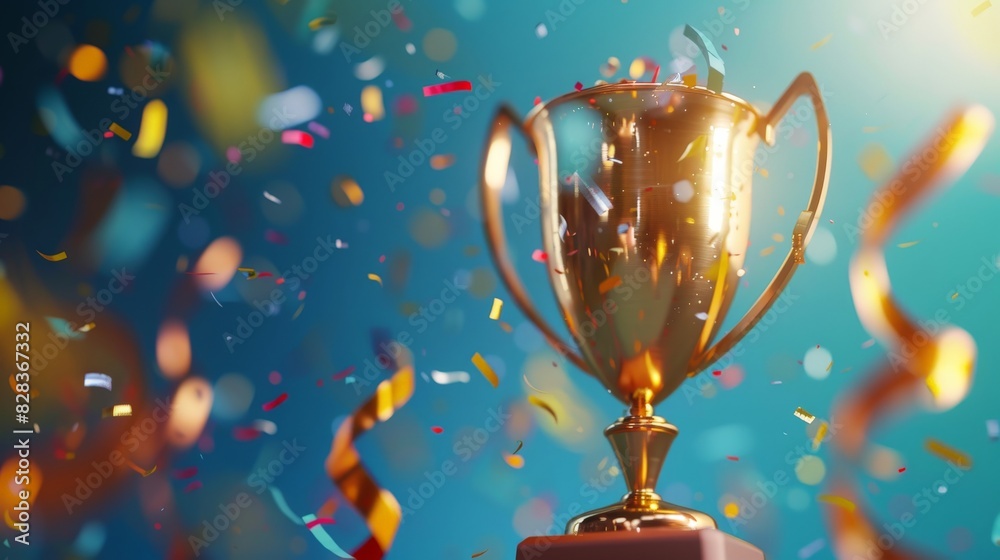 The golden trophy. Cup, ribbons, confetti, business and competition concept, blue background, a colorful 3D illustration The golden trophy. Cup, ribbons, confetti, business and competition concept, blue background, a colorful 3D illustration