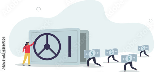 relax businesswoman open safe with wealthy treasure inside and money walking in.flat vector illustration.