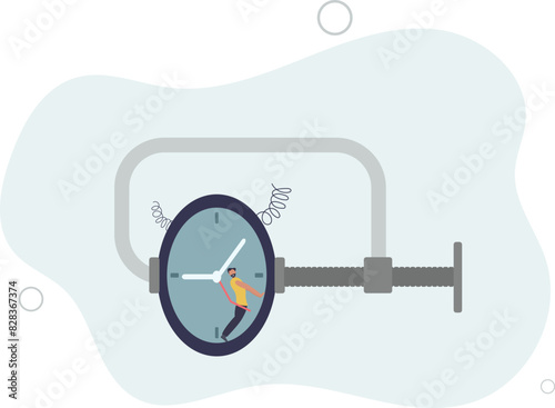 frustrated businessman try to stop squeezed timer clock.flat vector illustration.