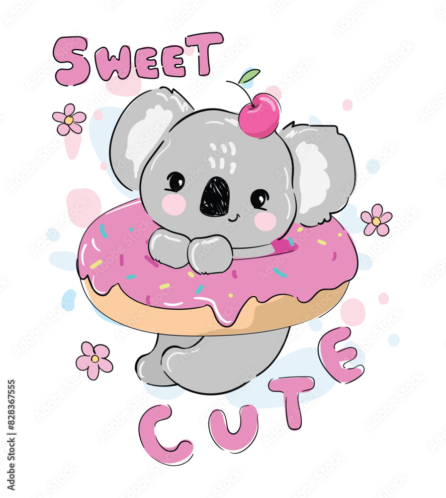 Koala and Cake Vector hand drawn illustration isolated on a white background. Cute kids print Koala and Cake Vector hand drawn illustration isolated on a white background. Cute kids print