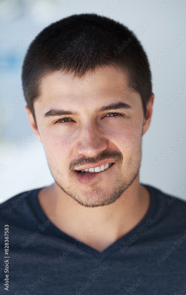 Flirting, man and portrait with lip bite, casual and tshirt with attraction and love sign in studio. Face, smile and modern fashion with styling, sexy and sensual mouth gesture on date with clothing Flirting, man and portrait with lip bite, casual and tshirt with attraction and love sign in studio. Face, smile and modern fashion with styling, sexy and sensual mouth gesture on date with clothing