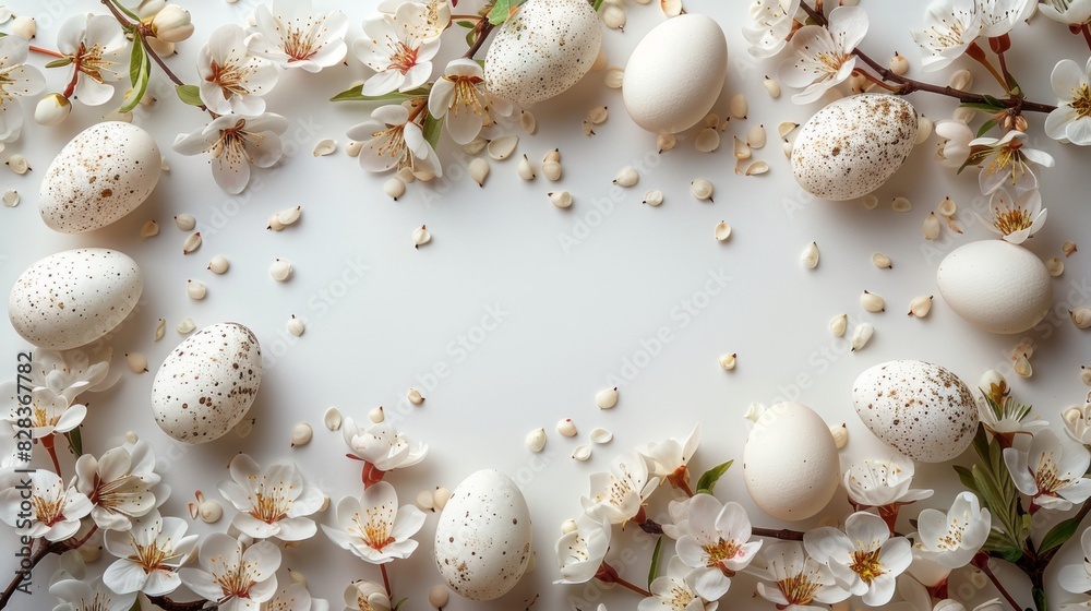Easter holiday celebration, frame with white easter eggs and flowers with branches on white background, with space for text Easter holiday celebration, frame with white easter eggs and flowers with branches on white background, with space for text