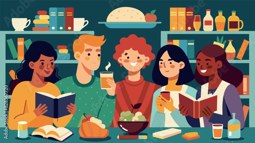 Surrounded by shelves of wellloved books the book club group discusses their favorite characters over mouthwatering g leaves and stuffed olives.. Vector illustration