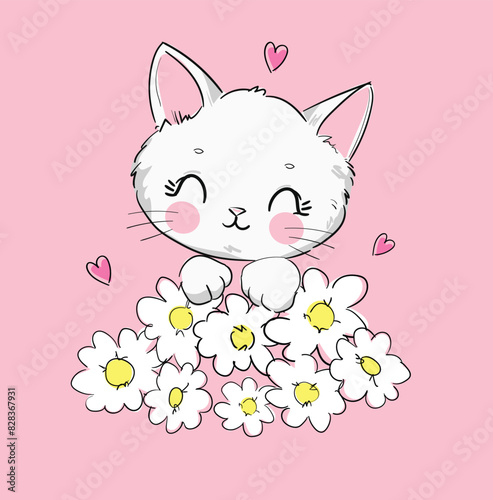 Hand drawn cute cat and flowers kids print vector illustration