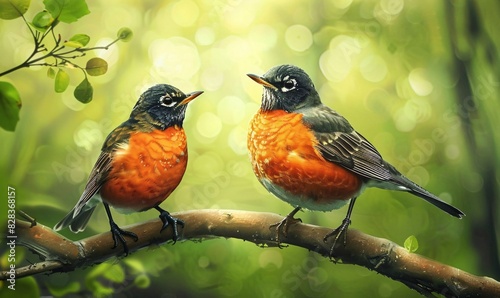 Two Robins Perched on a Branch in a Forest Setting