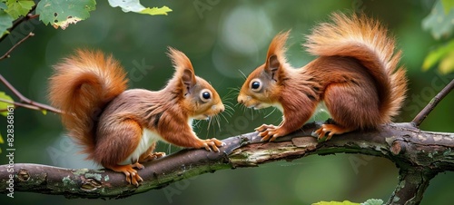 Two Curious Brown Squirrels on a Branch