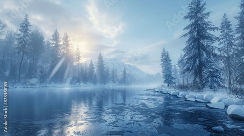 Frozen Wilderness  a pristine winter landscape with snow-covered trees  a frozen lake  and the northern lights dancing in the sky. Highlight the purity and wonder of the winter season.