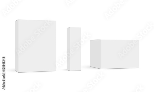Set Of Packaging Rectangular Boxes Mockups, Side View, Isolated On White Background. Vector Illustration