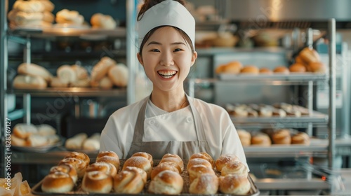 Happy asian female baker working in bakery kitchen, holding baking sheet with rolls in slow motion. Food, small business, baking, bakery and work, unaltered.