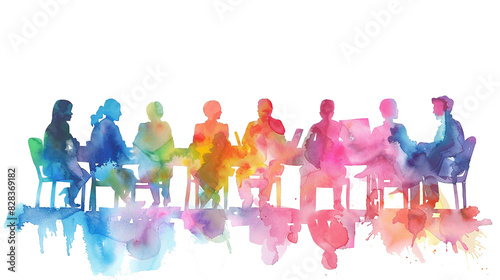 Colorful silhouettes of people painted in watercolor in a city at a networking event
